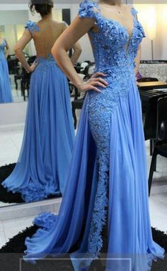 Hollow Back Blue Chiffon Prom Dress, Lace Appliques Women Evening Dress 2019 sold by inloveprom on Storenvy Changing Dresses, Party Formal Dress, Sulaman Pita, Bridal Suits, Hawaii Dress, Evening Dress Long, Formal Occasion Dress, 파티 드레스, Backless Prom Dresses