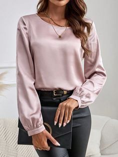 Long Sleeve Blouse ,Women's Round-Neck Long-Sleeve Elegant Pink Shirt Dusty Pink Elegant  Long Sleeve Woven Fabric Plain Top Slight Stretch  Women Clothing, size features are:Bust: ,Length: ,Sleeve Length: Feminine Shirts Blouses, Feminine Shirts, Satin Pj Set, Plain Tops, Kids Sleepwear, Pink Shirt, Plus Size Blouses, Color Rosa, Trousers Women