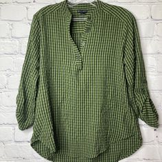 New Directions Women's Button Shirt New With Tag, Never Worn. #Tds02p Green Long Sleeve Tops With Placket, Casual Green Tops With Button Closure, Green Tops With Buttons And Relaxed Fit, Green Relaxed Fit Top With Buttons, Casual Plaid Tops With Placket, Green Relaxed Button-up Top, Green Cotton Blouse With Placket, Spring Green Shirt With Roll-up Sleeves, Green Summer Top With Roll-up Sleeves