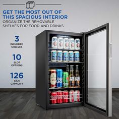 an image of a mini fridge with drinks in it and the text get the most out of this space interior organize the remarkable shelves for food and drinks