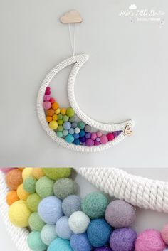 Bright rainbow filled 30cm moon wall hanging  Perfect for adding a splash of colour and fun to a nursery, kids room or space around your home.  All designs protected under UK Design Law. Perlengkapan Bayi Diy, Simpul Makrame, Rainbow Room, Pom Pom Crafts, Craft Room Decor, Pola Sulam, Bright Rainbow, Diy Crafts Room Decor, Macrame Design