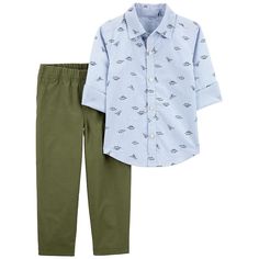 He'll look adorable in this toddler boy Carter's 2-piece dinosaur button-front shirt & canvas pant set. He'll look adorable in this toddler boy Carter's 2-piece dinosaur button-front shirt & canvas pant set. FEATURES 2-piece set includes button front shirt & pants Top: short sleeves, button front Pants: inner adjustable elastic waistbandFABRIC & CARE Cotton Machine wash ImportedRESPONSIBLE Tested for harmful substancesSTANDARD 100 by OEKO-TEX® CERTIFIEDCertification No. 20.HUS.39362Testing Institute: Hohenstein Textile Testing Institutewww.oeko-tex.com/standard100 Size: 2T. Color: Blue Dino. Gender: male. Carters Size Chart, Canvas Pants, Carters Baby Boys, Carters Baby, Button Front Shirt, Shirt And Pants, Pant Set, Toddler Boys, Boy's Clothing