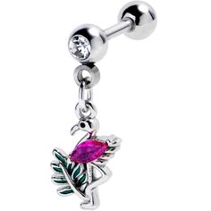 a pink flamingo belly ring with green leaves on it