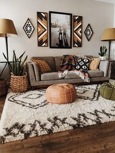 a living room filled with lots of furniture and pictures on the wall above it's couch