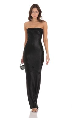 Strapless Satin Open Back Dress in Black | LUCY IN THE SKY Satin Open Back Dress, Satin Dress Long, Black Silk Dress, Silk Dress Long, Black Strapless Dress, Black Satin Dress, Black Prom Dress, Open Back Dress, Satin Prom Dress