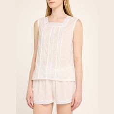 Pour Les Femmes pajama set in cotton lawn with geometric lace trim STANDARD 100 by OEKO-TEX® — This item has been laboratory tested to meet 100 control parameters and is free of harmful substances Square neckline Sleeveless Relaxed fit Pullover style Includes matching shorts Elasticized waistband Relaxed legs Pull-on style Cotton Imported Cotton Sleep Sets With Lace Trim, White Lace Trim Sets For Daywear, Cotton Loungewear Sets With Lace Trim, Cotton Tops With Lace Trim For Pajama Party, Cotton Lace Trim Tops For Pajama Party, Cotton Tops With Lace Trim For Bedtime, Geometric Lace, Matching Shorts, Square Neckline