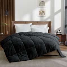 a black comforter on a bed in a room with white walls and flooring