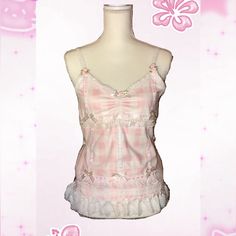 Ultimate Handmade Himegyaru Coquette Pink Gingham Ruffle Pink Cami This Top Is Handmade By Me And One Of A Kind. Everything Is Hand Stitched Onto The Fabric. There Is A Lace Ribbon On Each Side Of The Top To Make A Cute Bow In The Back. The Fabric Panel In The Back Is Sheer For Airflow/Stretch. The Size Would Be Best For Size S/M. This Is Perfect For Himegyarus Or Balletcore It Girls! Please Message Me If You Have Any Questions Or Would Like To Know The Measurements. Open To Offers #Himegyaru #G Clothes To Sew, Yume Kawaii Fashion, Shoujo Outfits, Pink Clothes, Coquette Pink, Future Clothes, It Girls, Clothing Pieces, Gingham Tops