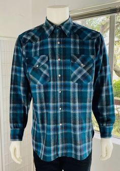 "Vintage Pendleton Mens Western Blue Shadow Plaid Shirt, L. Good condition.  C; 46\"  SL; 25\"  L; 33\"" Vintage Blue Flannel Shirt, Vintage Blue Flannel Shirt With Button Closure, Vintage Blue Flannel Shirt For Fall, Classic Blue Flannel Shirt For Winter, Pendleton Mens, Mens Oxfords, Plaid Shirt, Plaid, Mens Outfits