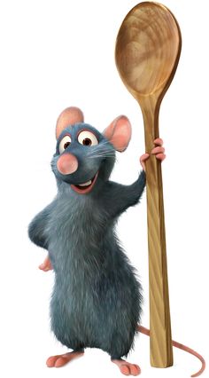 a cartoon rat holding a wooden spoon and looking at the camera while standing on its hind legs