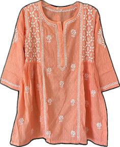 Kurti Short, Lucknowi Kurti, Indian Clothing, Embroidered Shorts, Coral Color, Embroidered Top, Indian Outfits, Clothing For Women, Short Tops