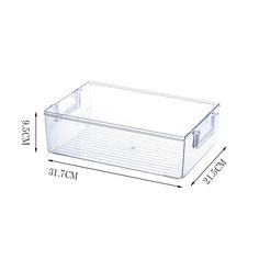 a clear plastic drawer with measurements for the bottom and side drawers on each side,