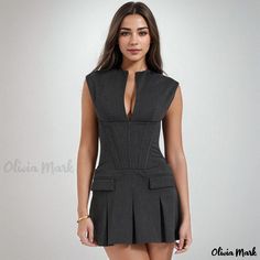 Olivia Mark - Elegant V Neck Sleeveless Flap Trim Pleated Hem Corset Mini Party Dress Amara Dress, Embellished Collar, Preppy Dresses, Corset Mini Dress, Jeans Cargo, Mini Robes, Maxi Robes, Polyester Dress, Yoga Shorts