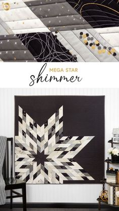 a black and white quilt with the words mega star shiner in gold on it