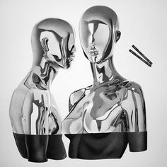 an instagram page with two silver mannequins on the front and back