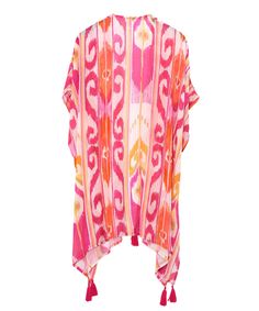 Get on island time with this soft, sheer cover-up, featuring a bold print in two colors and a tassels that were practically made for a seaside breeze. Sizing: One size fits most Size Guide: Materials: 100% ModalMade in: India Patterned Kaftan For Summer Beach Cover-up, Summer Patterned Kimono For Beach Cover-up, Beachy Boho Print Cover-up For Vacation, Boho Print Cover-up With Kimono Sleeves For Beach Season, Pink Kimono For Beach Cover-up During Beach Season, Pink Kimono For Beach Cover-up, Multicolor Summer Kimono For Beach Cover-up, Printed Beach Cover-up With Kimono Sleeves, Multicolor Beachwear Cover-up For Festival