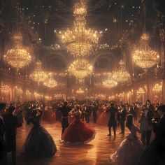 a large ballroom with chandeliers and people dressed in formal wear dancing around the dance floor