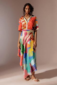 Multi color shirt dress with all over island prints, contrast piping detail at the belt and placket. - Aza Fashions Shirt Dress For Women, Maxi Shirts, Hijabi Outfits, Maxi Shirt Dress, Printed Shirt Dress, Indian Fashion Designers, Contrast Piping, Color Shirt, Classic Shirt