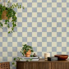 a table with some books and a potted plant on it in front of a checkered wall