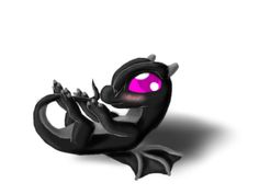 a black dragon with pink eyes sitting on its back and looking at the viewer's eye