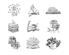 some books and flowers are drawn on a white background