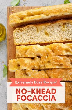 no knead focaccia bread on a cutting board with extra easy recipe