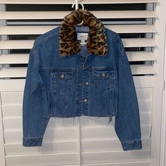 Nwt! Cropped Denim Jacket With Cheetah Fur Over The Collar Which Can Be Taken On Or Off! Never Worn. Willing To Negotiate, Offer! Winter Cropped Medium Wash Denim Jacket, Winter Cropped Denim Jacket In Medium Wash, Cropped Medium Wash Denim Jacket For Winter, Trendy Cropped Winter Denim Jacket, Trendy Dark Wash Cropped Jacket For Winter, Trendy Cropped Denim Jacket For Winter, Winter Medium Wash Cropped Jacket, Cropped Dark Wash Outerwear For Fall, Fitted Brown Denim Outerwear