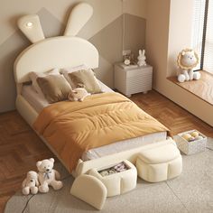 a bed room with a neatly made bed and stuffed animals on the floor next to it