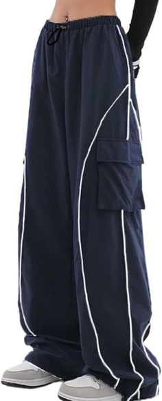 Y2K Parachute Track Pants for Women Low Rise Baggy Wide X-Large, Navy Blue Product Details Department : womens Track Pants For Women, Cargo Pants For Women, Wide Leg Cargo Pants, Track Pants Women, Cargo Pants Women, Summer Fashion Outfits, Track Pants, Cargo Pants, Low Rise