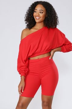 Don't Bother Basic Off The Shoulder Crop Top-S-Red-TS1055T-KNOWSTYLE Loose Sleeves, Cute Rompers, Shoulder Crop Top, Basic Style, Biker Shorts