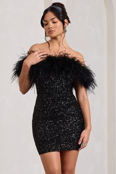 New Money | Black Bodycon Sequin Mini Dress With Feather Trim Glitter Party Dress, Mini Gold Dress, Bardot Neckline, Boned Bodice, Sequin Sleeve, Off Shoulder Dresses, Mini Robes, Feather Trim, Off Shoulder Fashion