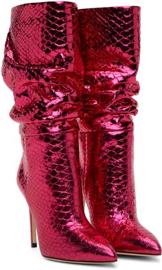 Mid-calf snake-embossed leather boots in metallic pink. Gathering throughout. · Pointed toe · Buffed leather lining · Covered stiletto heel · Nubuck sole · Heel: H4 in Supplier color: Fuchsia Luxury Pink Party Boots, Elegant Snake Print Boots For Party, Snake Print Party Boots, Slouchy Boots, Paris Texas, Color Fuchsia, Metallic Pink, Stiletto Heel, Embossed Leather