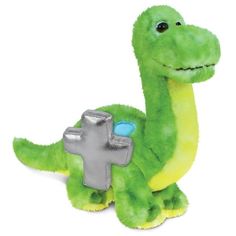 a green stuffed dinosaur with a cross on it's chest