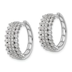 Rhodium over 14K white gold hinged hoop earrings with 1.512 cttw round lab grown diamonds and polished finish. Lab grown diamonds are of SI1/SI2 clarity and G-H-I color grade. Measures approximately 3/4"L x 3/4"W and have post, notch and lock closures. Diamond White Platinum Hoop Earrings With Diamond Accents, Platinum Hoop Earrings With Diamond Accents In Diamond White, Platinum Hoop Earrings In Diamond White For Anniversary, Diamond White Platinum Hoop Earrings For Anniversary, Channel Set Diamond Earrings, Classic Platinum Hoop Earrings With Single Cut Diamonds, Brilliant Cut Platinum Hoop Earrings, Classic Diamond White Hoop Earrings With Pave Setting, White Gold Diamond Hoop Earrings With Channel Set