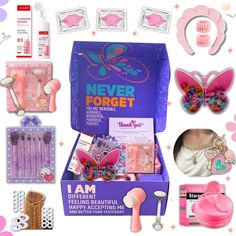 an assortment of pink items in a purple box