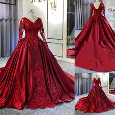 a red wedding dress with long sleeves and lace