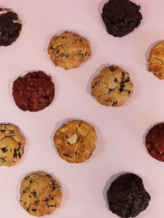 nine cookies are arranged in rows on a white surface, one is chocolate and the other is cranberry