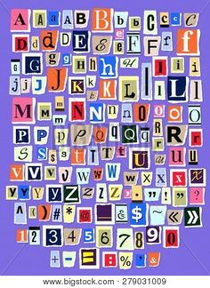 the alphabets are made up of different letters and numbers in various colors on a purple background