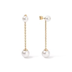 A twist on the classic pearl drop earring. The simplicity of the design allows the beauty of the materials to shine. The warmth of the gold beautifully complements the soft, iridescent glow of the pearls, creating a harmonious balance of textures and colors. Available in 14K Yellow Gold Earring length = 2in Freshwater Pearl size = 7.5mm and 10.50mm Classic White Pearl Earrings For Everyday Elegance, Luxury Yellow Gold Drop Pearl Earrings, Elegant Briolette Earrings With High Luster, Yellow Gold Briolette Pearl Earrings For Formal Occasions, Classic Yellow Gold Pearl Earrings For Everyday Elegance, Classic Yellow Gold Pearl Earrings For Everyday, Refined White Akoya Pearl Earrings, Luxury Briolette Pearl Drop Earrings, Yellow Gold Pearl Dangle Linear Earrings