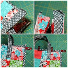 four different images of the same bag with multiple pockets and handles, one has flowers on it