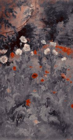 an abstract painting with red and white flowers in the foreground, on a gray background