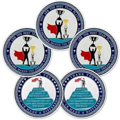 four blue and white coasters with an image of a man holding a trophy on top