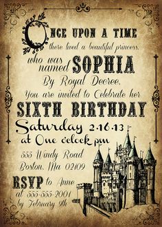 an old fashioned birthday card with the words, once upon a time and some type of castle