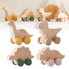 wooden toys are arranged in different shapes and sizes