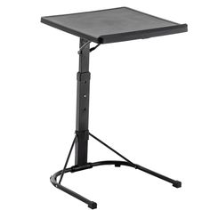 a small black table with wheels on the bottom and one leg raised up to it's side