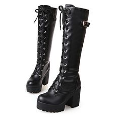 Category:Cosplay Boots; Upper Materials:Leatherette; Lining Materials:Fleece; Embellishment:Lace-up; Available Width:Average; Season:Winter,Fall; Heel Type:Block Heel,Platform,Chunky Heel; Actual Heel Height:3.74; Gender:Women's; Size Suggestion:select one size larger than usual; Platform Height:1.38; Type:Knee High Boots; Style:Punk  Gothic,Slouch Boots; Heel Height(inch):2-3; Boot Shaft:Knee High Boots; Outsole Materials:TR; Occasion:Dress; Closure Type:Zipper; Pattern:Solid Colored; Shipping Punk Knee-high Platform Boots For Fall, Fall Punk Knee-high Platform Boots, Punk Style Faux Leather Knee-high Boots For Fall, Winter Punk Knee-high Faux Leather Boots, Winter Punk Style Knee-high Faux Leather Boots, Gothic Platform Martin Boots For Fall, Gothic Lace-up Boots For Concert, Black Lace-up Boots For Cosplay, Gothic Faux Leather Winter Boots