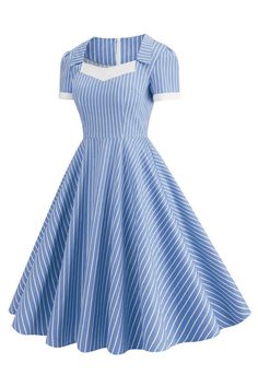 Elegant A-line Midi Dress For Vintage Fashion, Blue A-line Vintage Dress For Party, Retro Blue A-line Midi Dress, Summer Vintage Dress For Prom, 1950s Style A-line Pleated Dress, Classic Fitted Prom Dress, 1950s Style Prom Dress With Fitted Bodice, Retro A-line Vintage Dress For Formal Occasions, Classic Blue Dress For Vintage Fashion