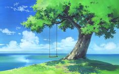 a painting of a tree with a swing hanging from it's trunk near the ocean