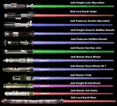 star wars lightsabes are lined up on a black background with the names of them