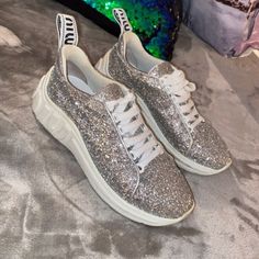 Glitter Miu Miu Gym Shoes! Worn A Few Times Still In Great Condition! Size 7.5! Shoes Silver, Miu Miu Shoes, Gym Shoes, Silver Shoes, Shoes Color, Silver Glitter, Wedding Sneaker, Womens Shoes Sneakers, Miu Miu